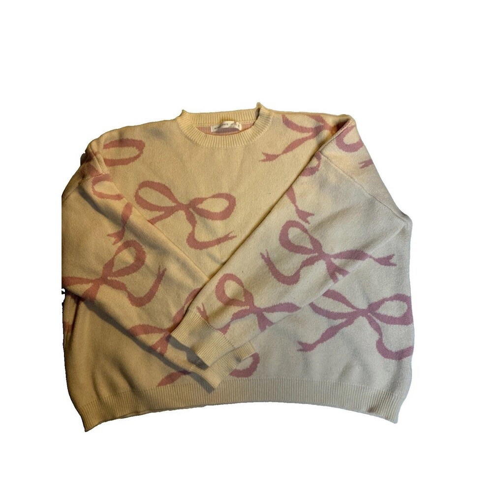 Altar’d State Women’s Cream Pink Bow Sweater Knit Top XL Coquette Oversized